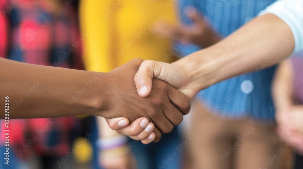 Close-up of diverse people shaking hands in group meeting setting. Close-up of diverse people shaking hands in group meeting setting.