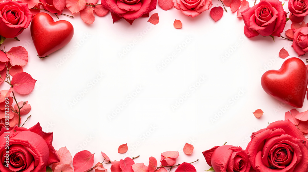 White Valentine’s Day Background with Roses and Red Hearts White Valentine’s Day Background with Roses and Red Hearts
