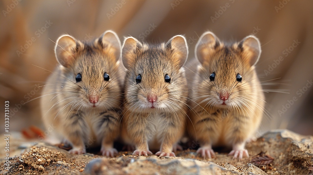 Three Adorable Mice Looking at the Camera