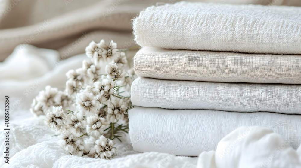 Fresh stack of light-colored cotton and linen fabrics, representing airy freshness and eco-friendly cleaning - Fresh stack of light-colored cotton and linen fabrics, representing airy freshness and eco-friendly cleaning -
