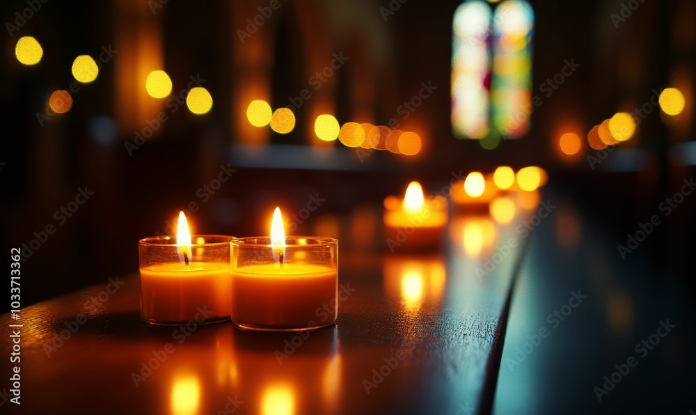 Two candles glowing in a dark church. Two candles glowing in a dark church.