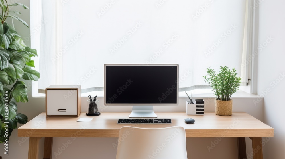 A modern home office features a blank computer screen, potted plants, and natural light, presenting a clean, minimalist workspace ideal for focus. A modern home office features a blank computer screen, potted plants, and natural light, presenting a clean, minimalist workspace ideal for focus.
