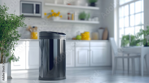 An overflowing garbage receptacle situated in a modern kitchen environment. photo