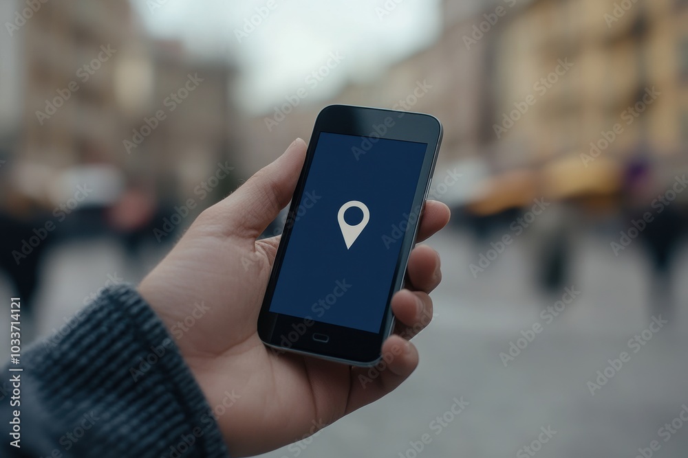 A hand grips a smartphone showing a location pin on the screen, set against a bustling urban daytime atmosphere. Generative AI A hand grips a smartphone showing a location pin on the screen, set against a bustling urban daytime atmosphere. Generative AI