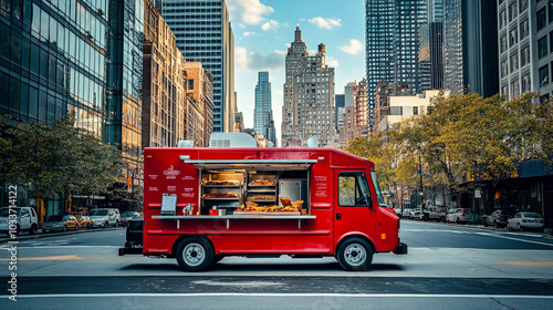 A vibrant red food truck offering tasty treats on a busy city street in the heart of downtown