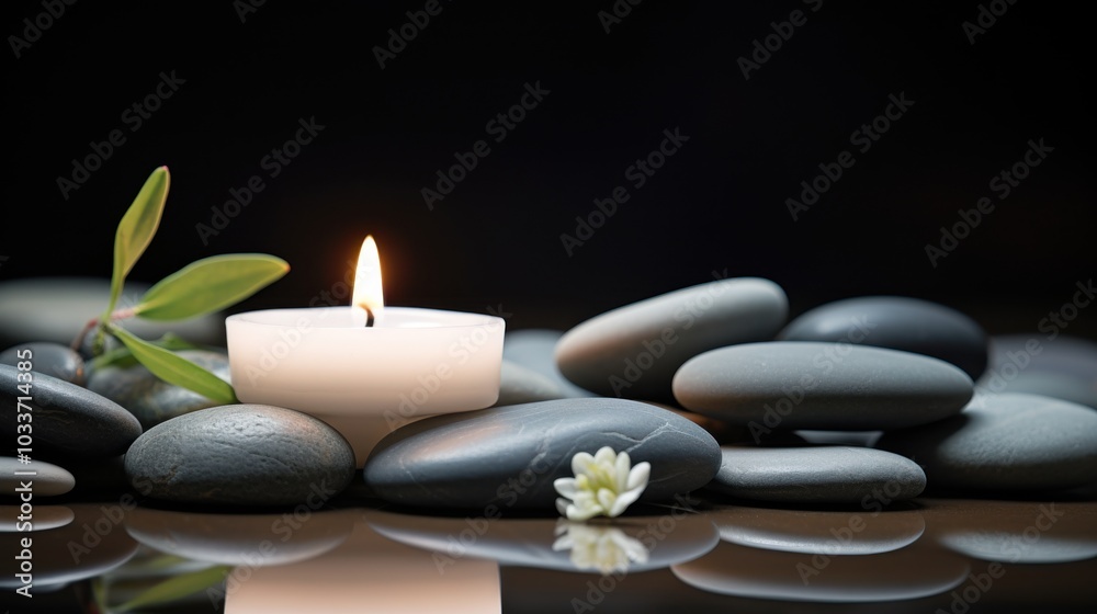 Smooth river rocks surround a glowing candle, creating a serene and calming atmosphere perfect for meditation and tranquility. Smooth river rocks surround a glowing candle, creating a serene and calming atmosphere perfect for meditation and tranquility.