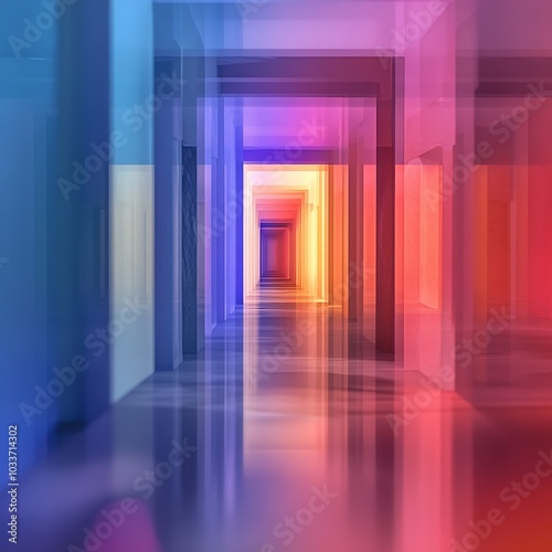 A vibrant, abstract corridor with colorful lighting creating a surreal atmosphere.