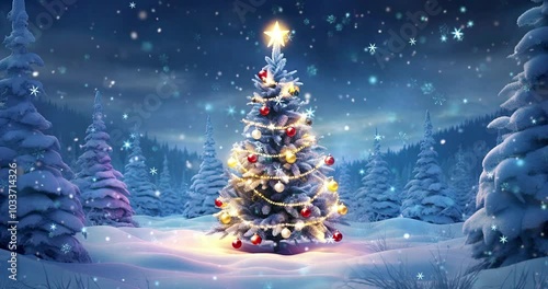 Winter wonderland and one decorated Christmas tree with lights in forest. Winter seasonal 4K loop animation for advertisement.