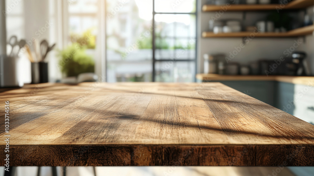 A warm wooden table in a cozy kitchen filled with soft lighting and greenery during the afternoon