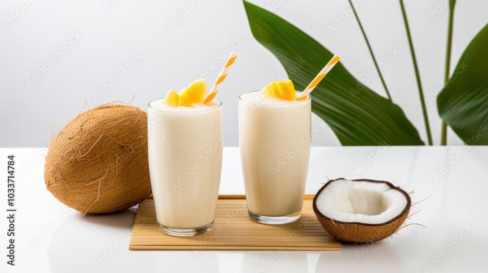 Two sophisticated coconut drinks with golden straws, garnished with pineapple, rest beside coconuts and leaves, exuding tropical luxury. Two sophisticated coconut drinks with golden straws, garnished with pineapple, rest beside coconuts and leaves, exuding tropical luxury.
