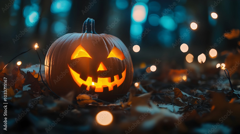 A Halloween pumpkin glowing warmly amid string lights and autumn leaves for a spooky yet festive atmosphere - A Halloween pumpkin glowing warmly amid string lights and autumn leaves for a spooky yet festive atmosphere -