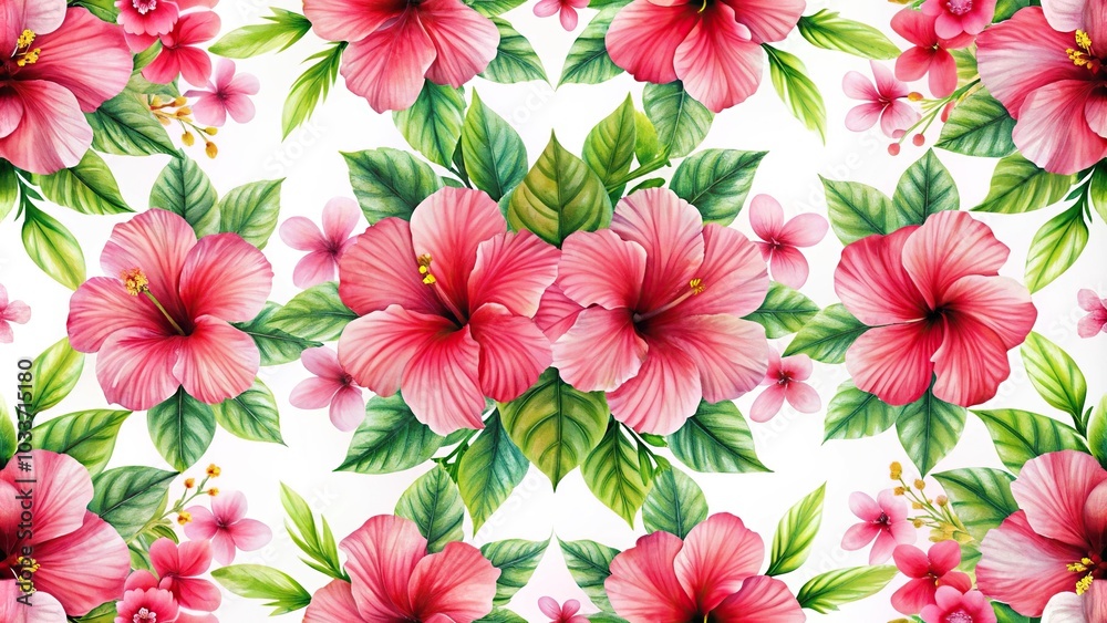Symmetrical hibiscus flower floral seamless pattern on white background Symmetrical hibiscus flower floral seamless pattern on white background