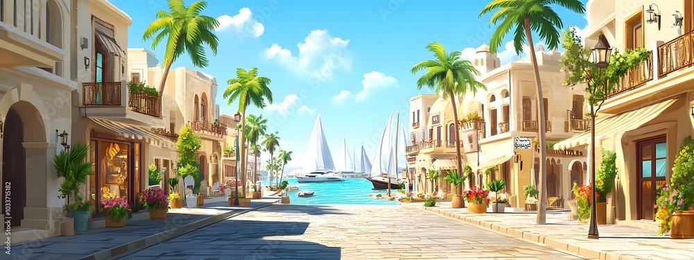 Fototapeta premium A beautiful illustration of the coastal city street in Sh quien el marina, Egypt with luxury villas and shops on either side of it.
