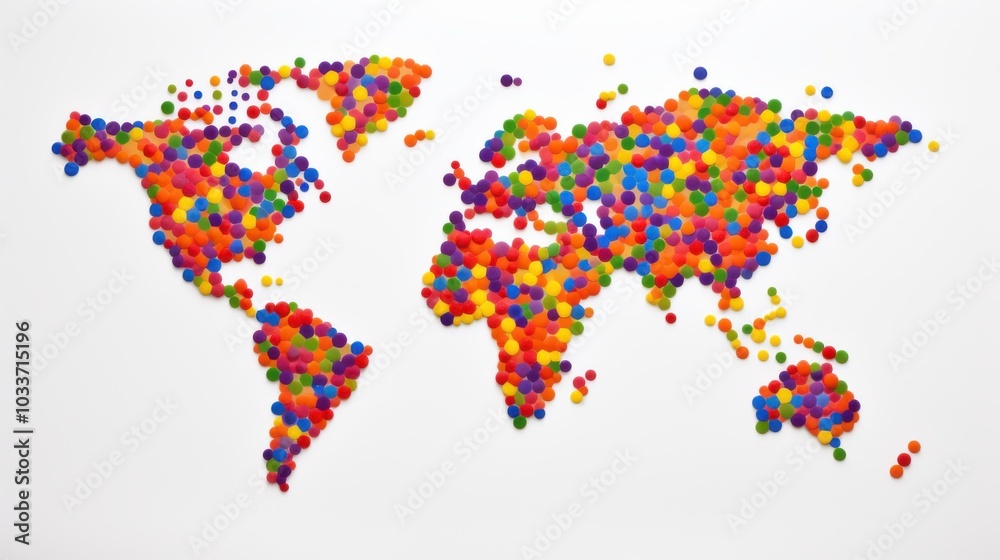 Fototapeta premium A playful, vibrant world map crafted from scattered star-shaped confetti, reflecting creativity and a celebration of global diversity.