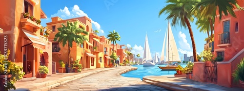 A beautiful illustration of the coastal city street in Sh quien el marina, Egypt with luxury villas and shops on either side of it.