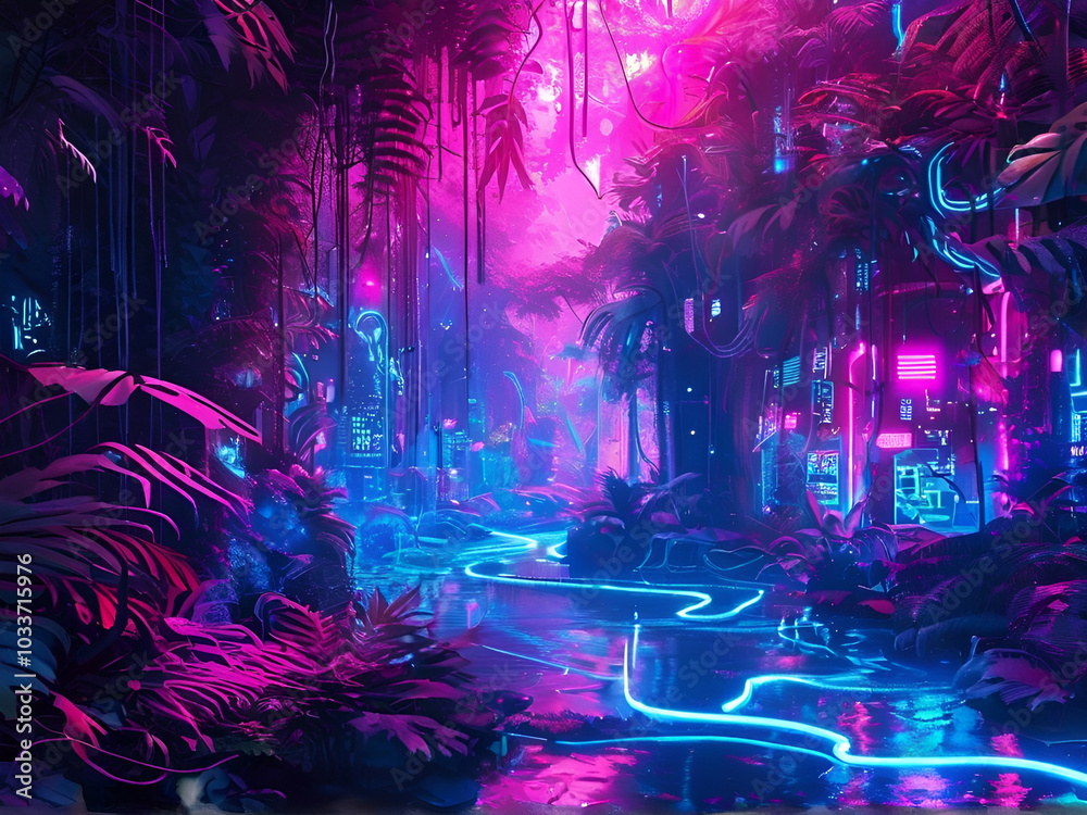 Fototapeta premium A jungle filled with vivid neon lights, enhancing the rich foliage and creating an enchanting, otherworldly landscape.