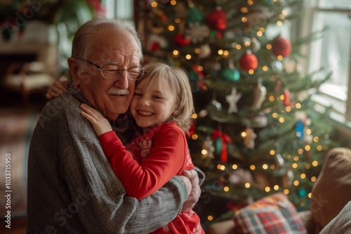 A heartfelt scene of a grandfather and his granddaughter sharing a joyful embrace next to a beautifully decorated Christmas tree. The festive season captures the love and bond between generations.