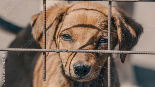 Obraz na plátně purebred beige puppy in a wooden cage