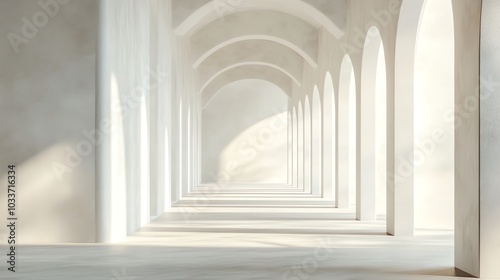 A long white hallway with many arches leading to a bright light at the end.