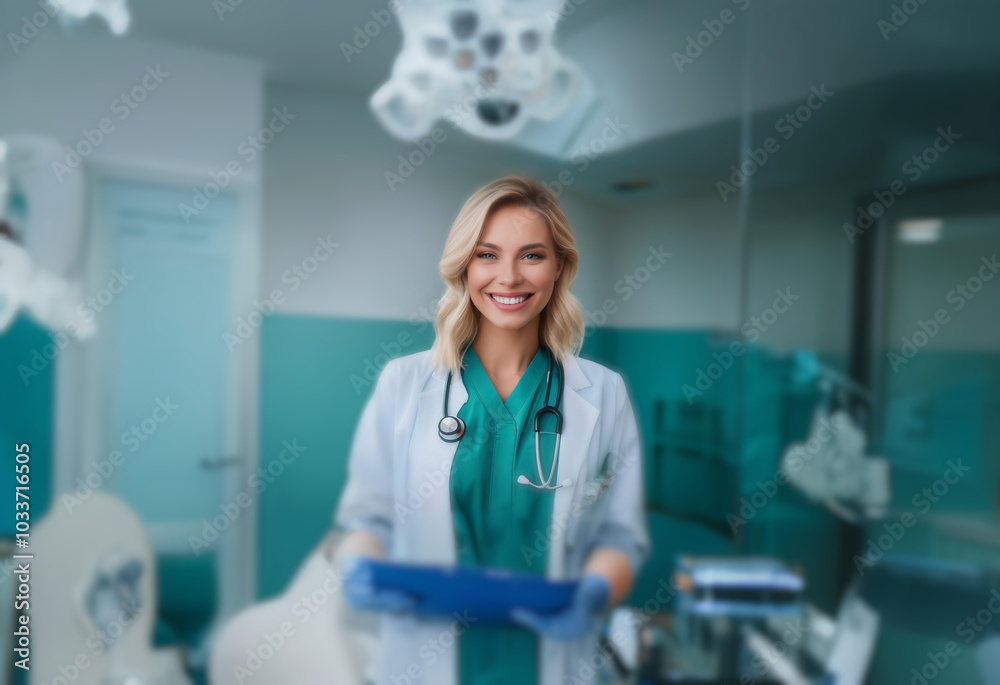 Smiling female doctor wearing a white coat and scrubs stands in a hospital room holding a clipboard. Smiling female doctor wearing a white coat and scrubs stands in a hospital room holding a clipboard.
