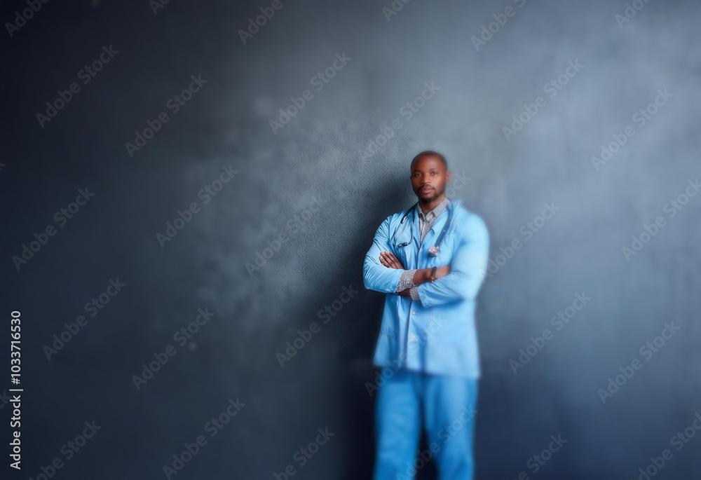 A man in a blue medical uniform and stethoscope stands with arms crossed against a grey background. A man in a blue medical uniform and stethoscope stands with arms crossed against a grey background.