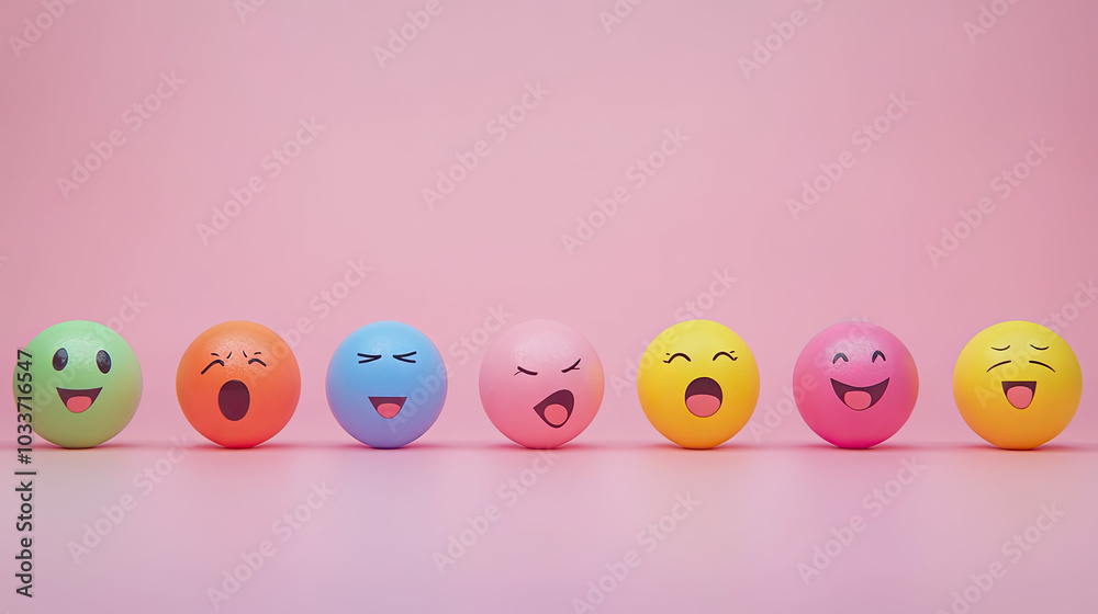 Collection of colorful balls displaying different emotions, such as love, frustration, and happiness, on a pastel background --chaos Collection of colorful balls displaying different emotions, such as love, frustration, and happiness, on a pastel background --chaos