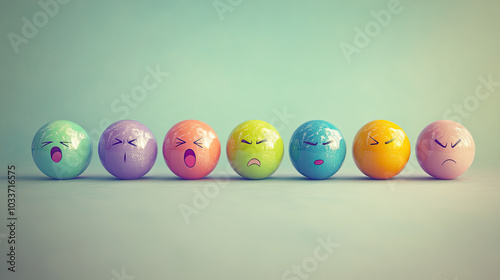 Collection of colorful balls displaying different emotions, such as love, frustration, and happiness, on a pastel background --chaos