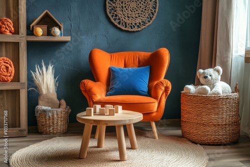 Warm and cozy kids room interior with mock up poster frame, beige wall with stucco, white desk, stool, pillows, plush animal toys, garland on the wall, Generative AI