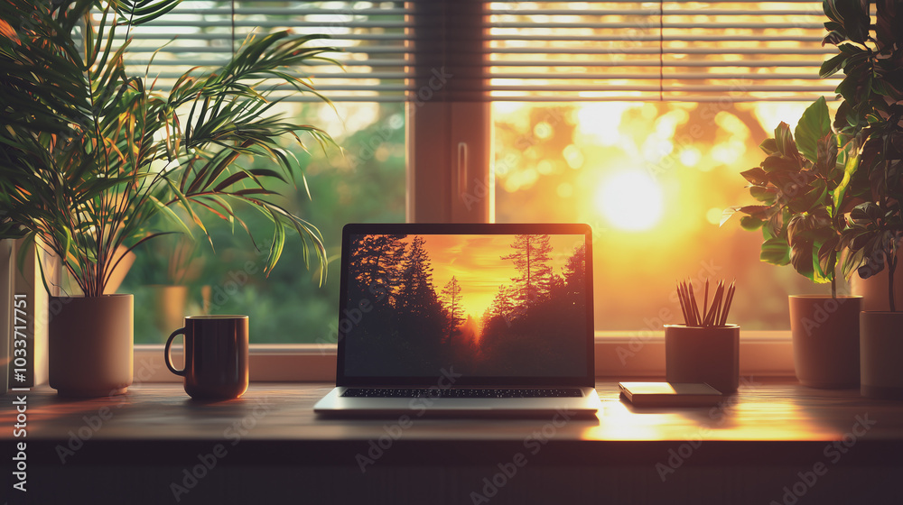 Minimalist home office setup, sleek desk with a modern laptop and coffee mug, bathed in soft natural light from a nearby window. Perfect workspace inspiration. Minimalist home office setup, sleek desk with a modern laptop and coffee mug, bathed in soft natural light from a nearby window. Perfect workspace inspiration.