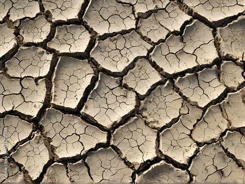 A close-up of dry, cracked earth, emphasizing the intricate patterns and textures resulting from lack of moisture. photo