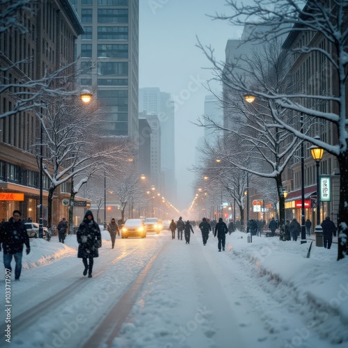 snowy city at night