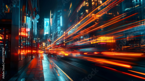 Night city road with long exposure traffic lights and motion effects -