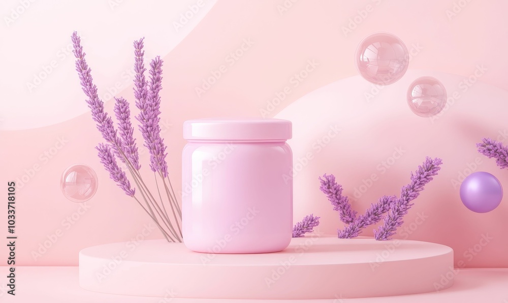 Pink jar, lavender, spheres, and podium. Pink jar, lavender, spheres, and podium.