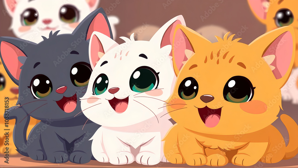 Cute cartoon kittens with big eyes and joyful expressions sitting together in a playful setting Cute cartoon kittens with big eyes and joyful expressions sitting together in a playful setting