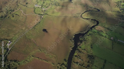 Spectacular 4K aerial footage of mountain valley from above with scenic mountains and countryside,  Maam west, Connemara, Galway, Ireland