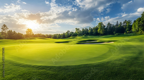 1. A sweeping vista of a meticulously cared-for golf course, featuring vibrant green grass beneath a clear blue sky.