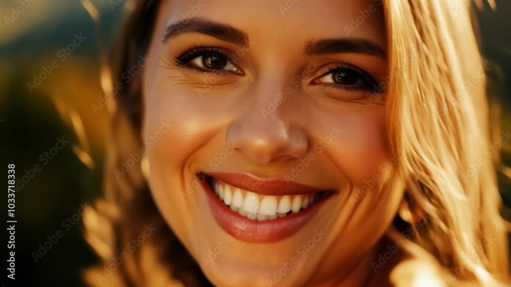Radiant smile of a joyful woman in golden sunset light