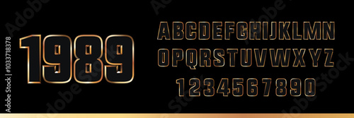 Alfabeto de estilo de los años 89. Números y letras en negro con trazo dorado. Archivo vectorial de tipografía dorada. Colección de signos con estética de los años 90 y 80. Composición tipográfica par