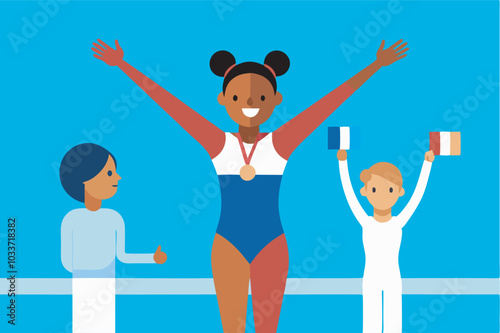 African American sportswoman triumphs on a winner's podium with two boys in contrasting tracksuits. Celebratory scene with gold medal and French flag, exudes joy and triumph.