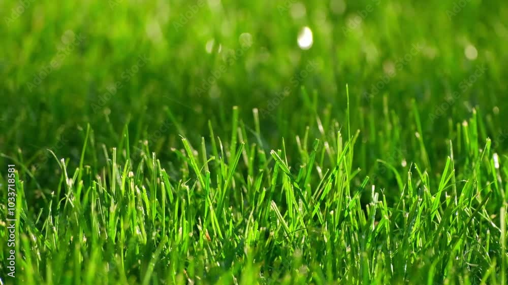 Close-Up of Green Grass with Water Droplets from Rain or Sprinkling. Lush Green Lawn with Droplets from Rain or Irrigation. Young Grass in Rain or Automatic Sprinkler Spray Close-Up of Green Grass with Water Droplets from Rain or Sprinkling. Lush Green Lawn with Droplets from Rain or Irrigation. Young Grass in Rain or Automatic Sprinkler Spray