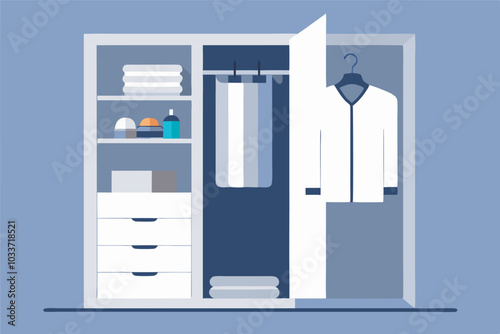 A cartoon closet illustration shows neat organization with white, purple, and blue colors. Contains clothes, drawers, shelves, and household items.