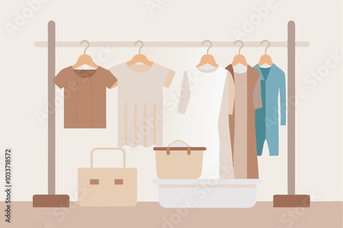 Organized wardrobe with clothing, handbags, and accessories in soft colors on shelves and hangers. Image exudes peace and tidiness, hinting at home organization.