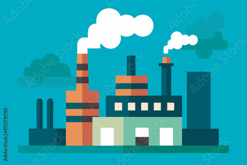 An illustration of a modern factory against a blue sky. It has two white doors, brown columns, and emits three smoke circles of different colors and amounts.