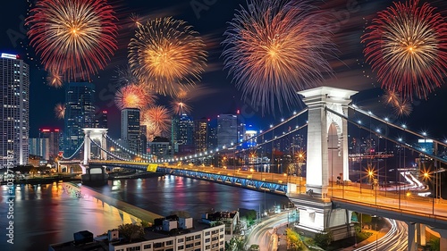 fireworks over the river bridge