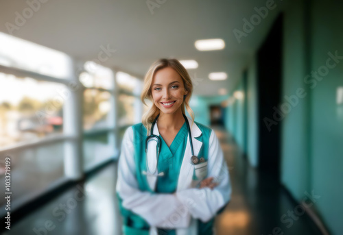 A female doctor with blonde hair is smiling in a hospital hallway. She is wearing a teal scrub top, white lab coat, and a stethoscope.