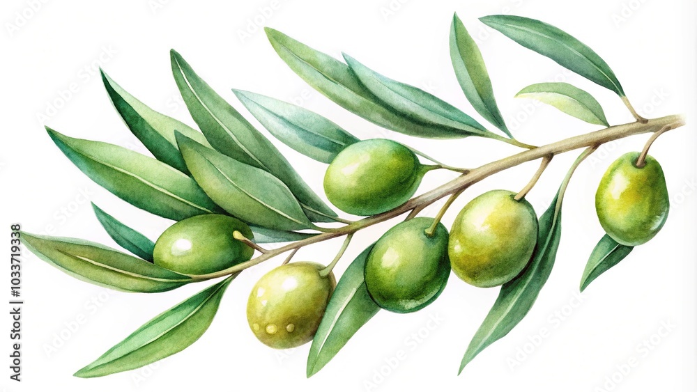 watercolor olive branch and green olive isolated on white background watercolor olive branch and green olive isolated on white background