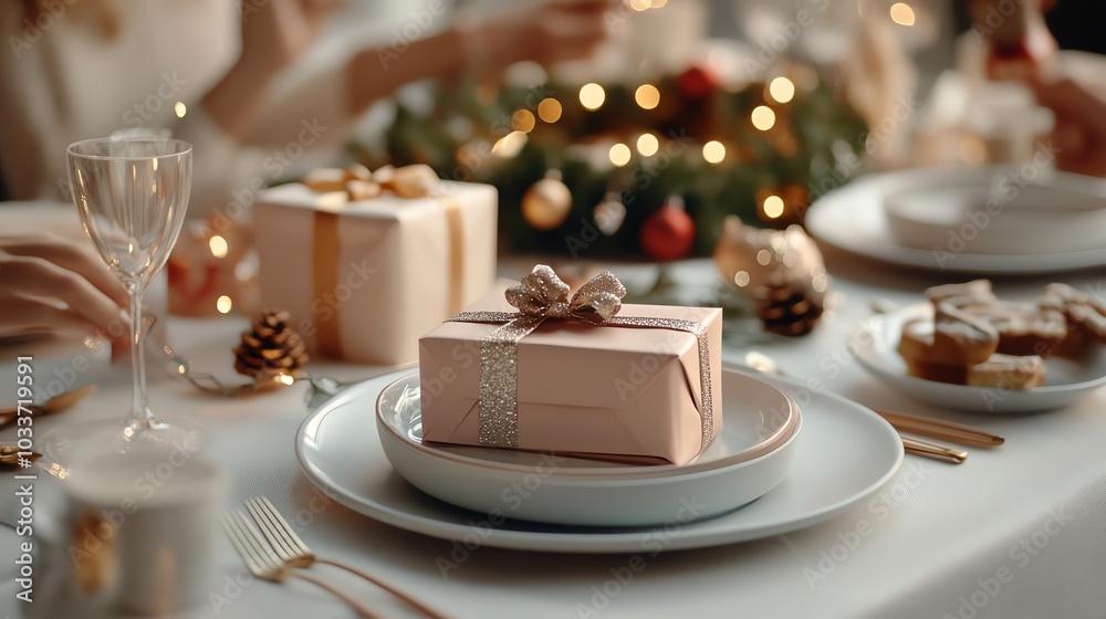 A beautifully wrapped gift sits on a dinner plate, surrounded by festive decorations and warm lighting. It's a cozy scene of a holiday celebration. A beautifully wrapped gift sits on a dinner plate, surrounded by festive decorations and warm lighting. It's a cozy scene of a holiday celebration.