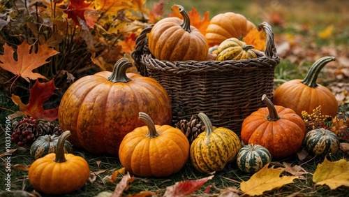 A Fall Scene with Pumpkins, Leaves, and Pinecones