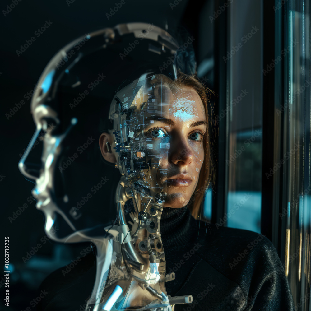 half human half AI robot woman half human half AI robot woman