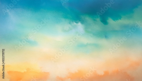 An abstract watercolor sunset sky with gradient colors and soft textures in blue, green, yellow, beige, and orange